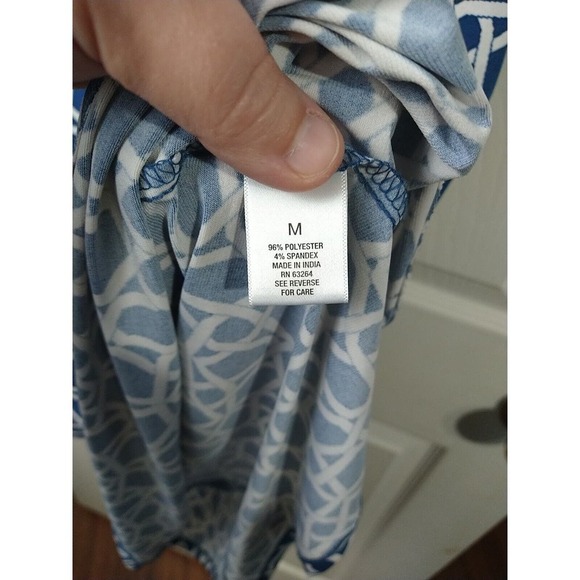 $ Roz & Ali Medium M Blue White Geometric Print Cold Shoulder Sheath Dress VNeck - Picture 9 of 10